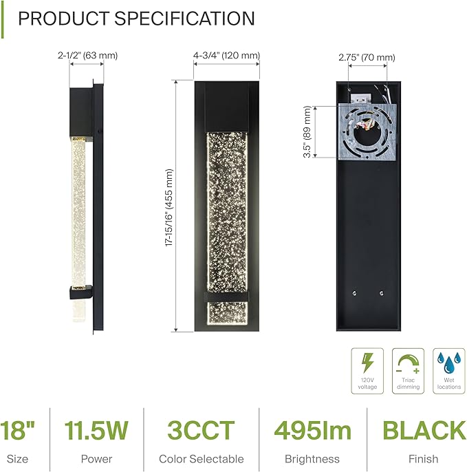 ASD LED 18 Inch Bubble Glass Wall Light Fixture | 12W 500LM 3000K-5000K 120V | 3CCT, Waterproof, Dimmable, ETL Listed | Exterior Flush Mount Sconce, Outdoor-Indoor Lighting | Black, 2 Pack