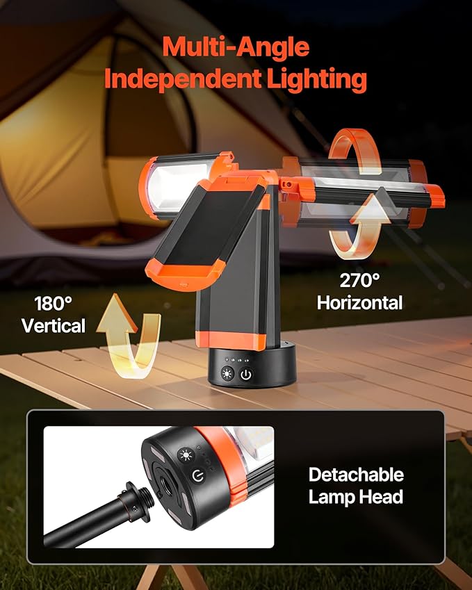 VEVOR LED Work Light with Stand, 10Ah, Rechargeable Cordless Camping Light, with 3 Lamp Heads, Detachable Tripod Stand, 2200 Lumens 3000K-6500K Dimmable, Portable Construction Lighting for Job Site