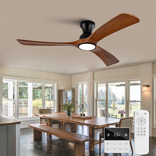 52 inch Flush Mount Ceiling Fans with Lights,Remote Control,Wall Switch,Solid Wood Blades,Dimmable,Reversible,Noiseless,Power Off Memory Low Profile Ceiling Fan for Bedroom Patio Indoor/Outdoor