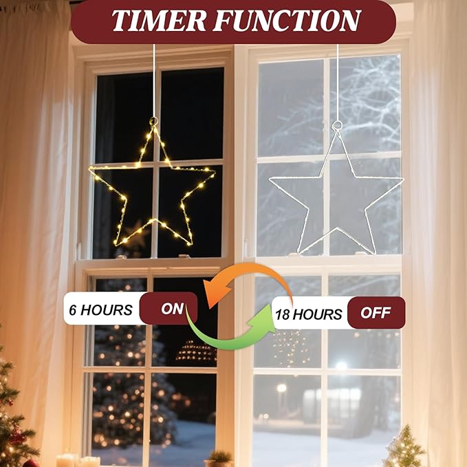 80 LED Star Christmas Decorations Lights Indoor, 3 Packs Battery Operated Hanging Cozy String Lights with Timer, 8 Modes Warm White Outdoor Christmas Decorations