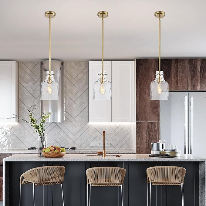 WILON Pendant Light Fixtures,Glass Pendant Lighting for Modern Kitchen Island Adjustable Hanging Ceiling Light 7" Hammered Glass Shade Pendant Lights for Dining Room Kitchen Sink, Gold Metal Finish