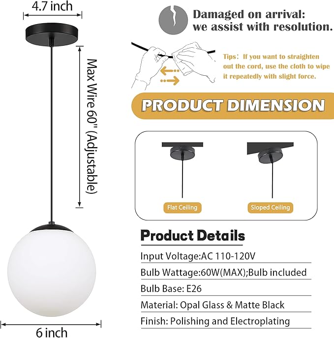 KoKo&Yukina 6-inch mini Modern Globe Pendant Light Opal Glass with Black Finish Contemporary Mid Century Adjustable Hanging Light Fixture for Living Room Bedroom Kitchen (Bulb Incl.)