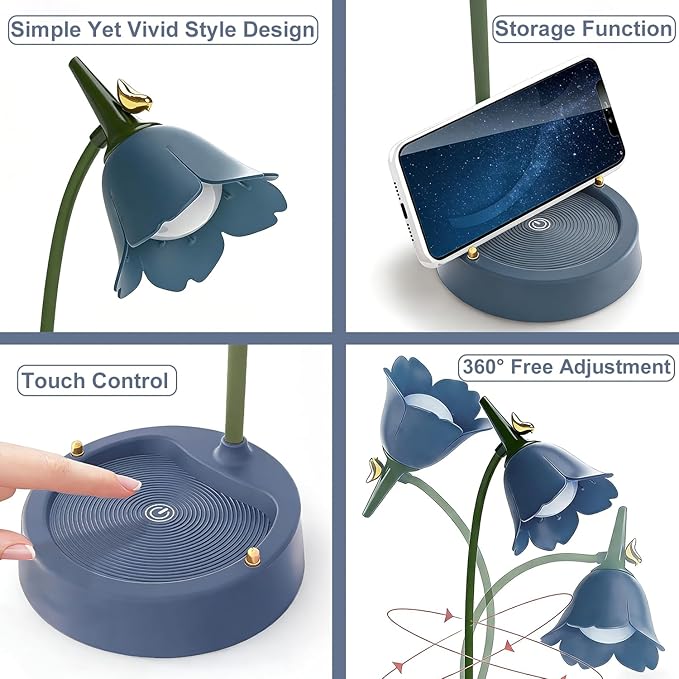 LED Desk Lamp Cordless Table Light Adjustable Gooseneck Dimmable Touch Rechargeable Battery Eye-Caring Night Light for Kids, Mini Cute Lamp for College Dorm Bedroom Reading (Blue)