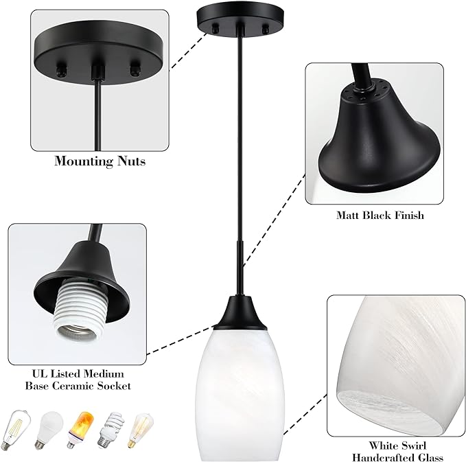 Mini Glass Pendant Light,4.72" Black White Hanging Lights 3-Pack Handblown White Oval Art Glass Hanging Pendant Light for Kitchen Island,Dining Room,Living,Foyer,Hallway, Entry