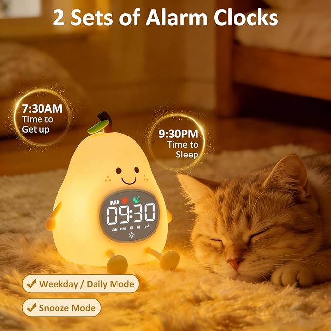 Pear Alarm Clock with Night Light for Kids with Sleep Training Light and White Noise, Rechargeable Silicone Lamp OK to Wake Clock，Cute Tabletop Clock, Perfect Sleep Companion for Boys Girls