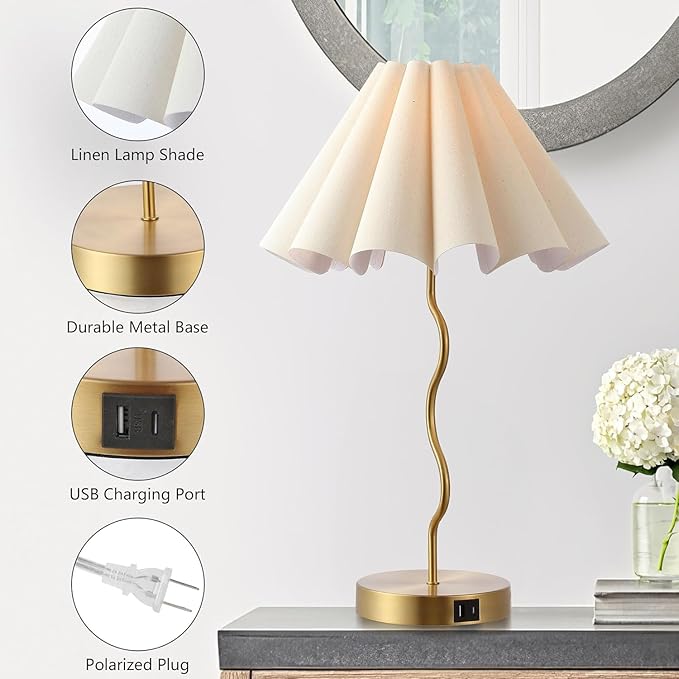 Pleated Table Lamp, Table Lamp for Bedroom, Bedside Lamps for Nightstand with Linen Lampshade, Modern Lamp for Bedroom Home Office Decor
