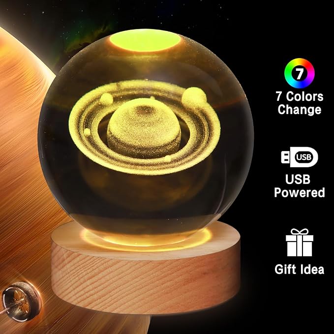 3D Crystal Ball Saturn Lamp,3.15inch Multi-Color Changing Bedroom Decor Night Light,Christmas Birthday Gifts for Boys, Girls