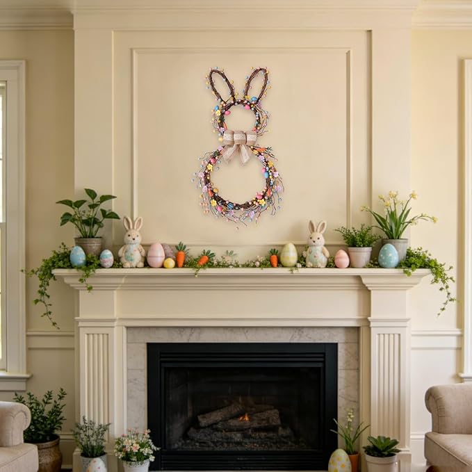 Idyllic 24 Inch Bunny Shaped Easter Wreath with Foldable Base Easter Eggs Daisies and Bow Decor for Front Door Window Living Room Fireplace Holiday Decoration