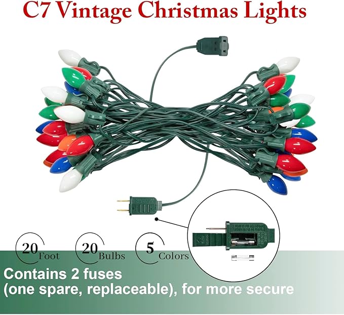 C7 Multicolor Christmas Lights Vintage Christmas Lights String with Multicolor 20+2 Bulbs,Hanging Christmas Lights Outdoor for Holiday Party Wedding Christmas Decorations (20FT)