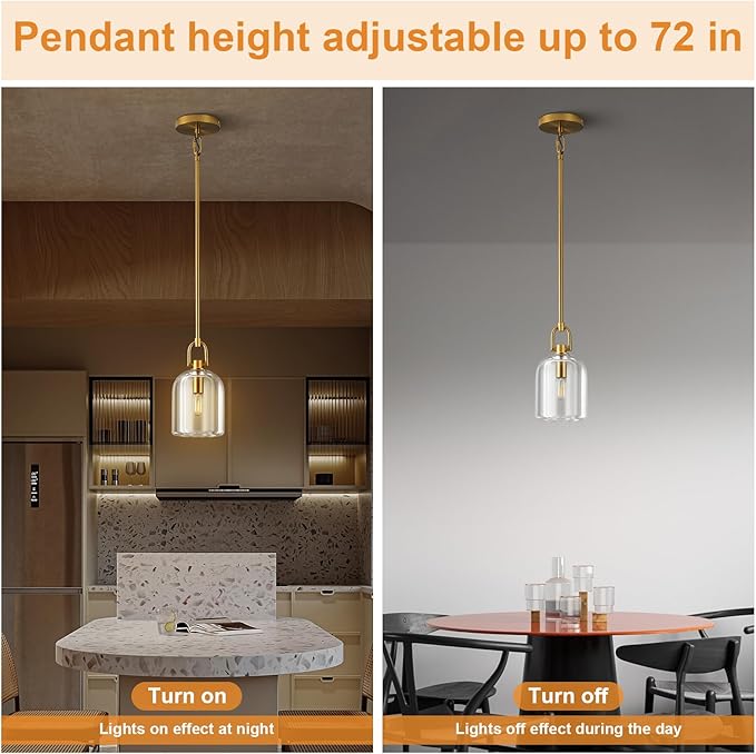 Brass Pendant Light Fixtures, Gold Pendant Light, Indoor Pendant Light for Kitchen Island Dining Room Living Room Bedroom Bathroom, E12 Bulb Included