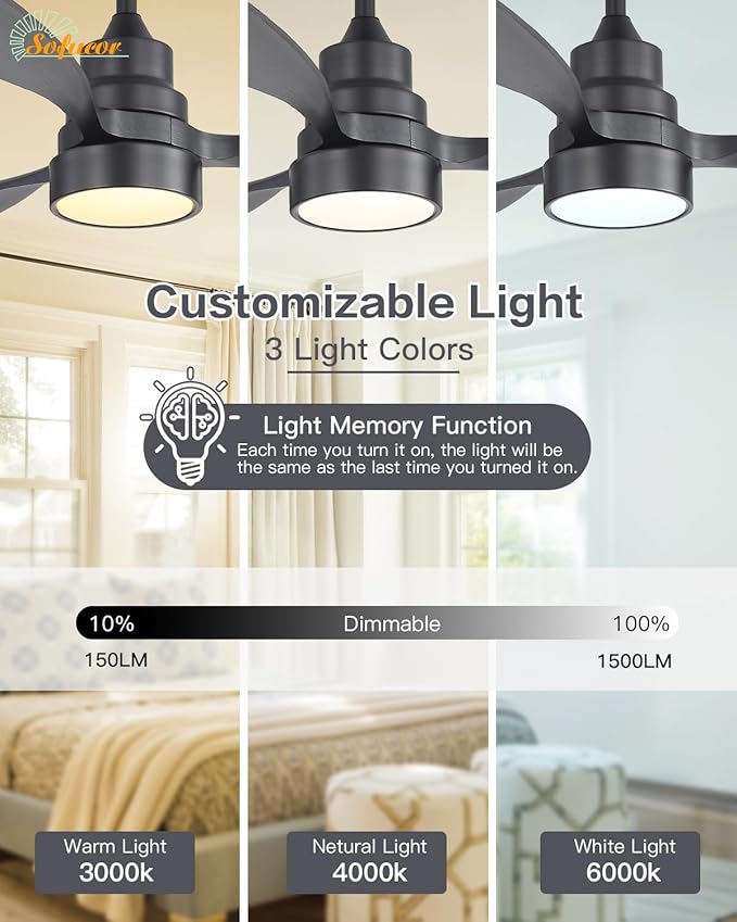 Sofucor 48 Inch Ceiling Fans with Lights and Remote Control-Modern Flush Mount & Downrod Mount Ceiling Fan for Bedroom Living Room Indoor Outdoor Farmhouse Patio, Timer Quiet DC Motor, Black&Walnut