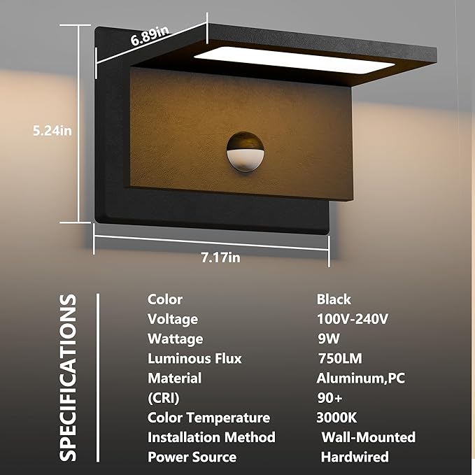 Motion Sensor Outdoor Wall Light, Modern Led Porch Light, Hardwired Outdoor Light Fixture, Anti-Rust Matte Black Sconce Lights Outside Lights for House,Garage, Front Door, Patio，Garden