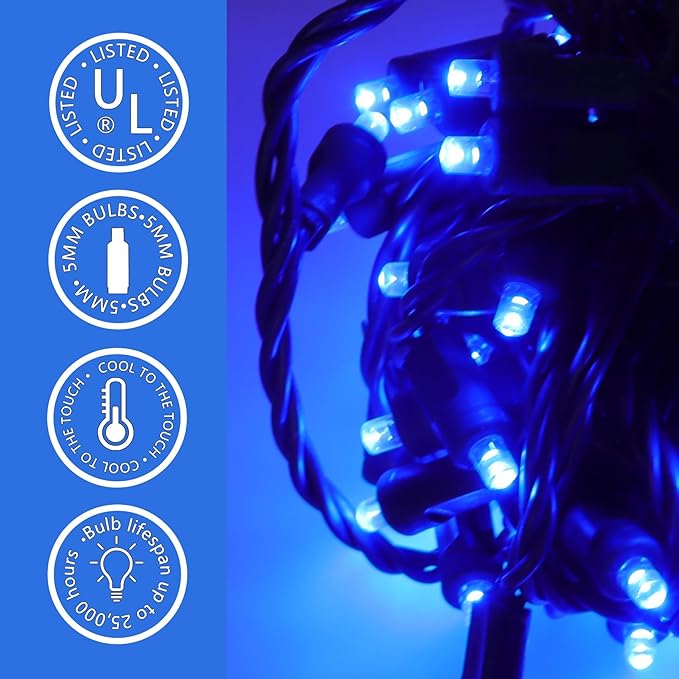 50 LED 5MM Blue Christmas Lights, 17FT Indoor/Outdoor String Light, Mini Lights for Garden, Patio, Christmas Trees - Green Wire, Commercial Grade, UL Listed