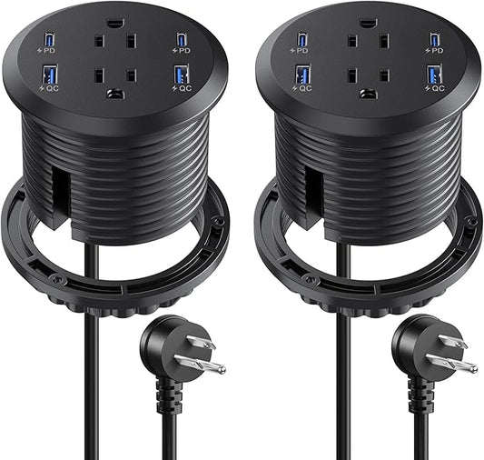 3 inch Desktop Power Grommet USB C,65W Fast Charging Station,Furniture Recessed Power Strip,2 Outlets,4 USB Ports,Flush-Mount for Desktop, Workspace Essential Desk Outlet,2 Pack (Black)