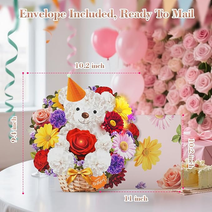 Birthday Cards with MUSIC & LIGHTS, Happy Birthday Card, Bear & Daisy, 10 Inch Life Sized Forever Flower Bouquet 3D Pop Up Greeting Card for Wife Mom Daughter Grandma Women