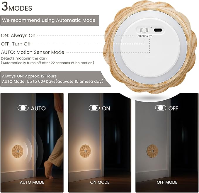 Motion Sensor Night Light Wooden Carved Flower Mini USB Rechargeable Stick-On Step Lights Magnetic Wall Lights for Hallway Bedroom Living Room Stair (2 Pack Ash Wood)