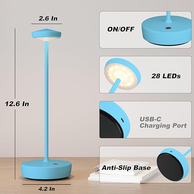 1 Pack Cordless Table Lamp Rechargeable - LED Battery Table Light with 3 Color Temperatures, Stepless Dimming, Waterproof Aluminum for Indoor Outdoor, Patio, Restaurant, Dinner (Blue)