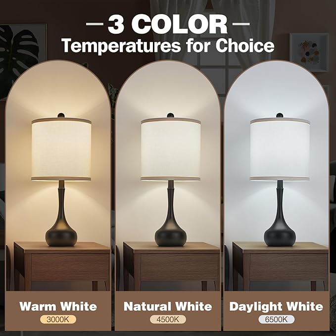 23" Black Metal Modern Table Lamp Set of 2,Farmhouse Bedside Lamps for Living Room, 3 Color Temperature Rustic Table Lamps for Bedroom, Night Stands, Dorm,Office, Home Décor(Bulb Included)