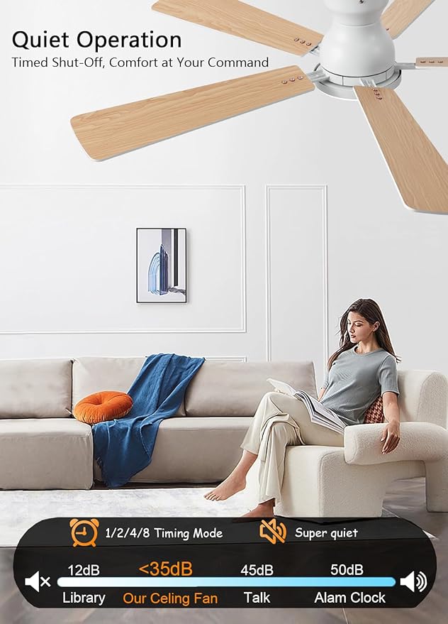 Ceiling Fans with Lights, 52Inch Low Profile Ceiling Fan with Light and Remote/App Control, Modern Flush Mount White Ceiling Fan, 3CCT Dimmable, Reversible DC Motor, for Living Room,Bedroom