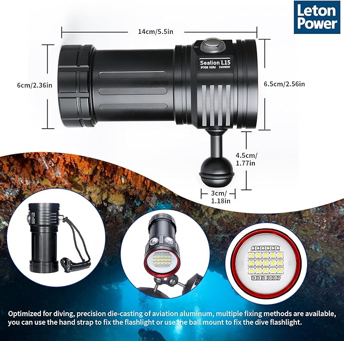 L15 10000 Lumens Underwater Video Light - 100m (330ft) Waterproof Dive Video Light with USB-C Charging, Professional Floodlight for Scuba Diving, Snorkeling & Underwater Photography