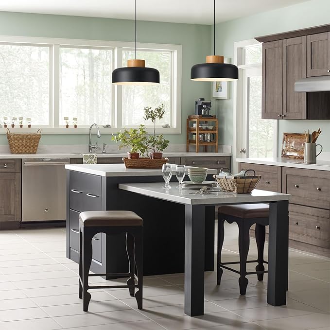 Modern Farmhouse Pendant Lights, 12.6 inch,Natural Wood Cap, Small Simple Ceiling Light Fixture for Kitchen Island, Dining Area, Matte Black