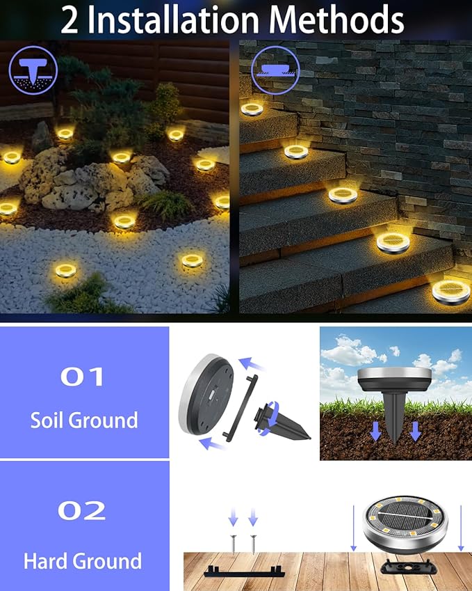 Solar Lights Outdoor Waterproof, 12 Pack 8 LED, Thickened Stainless Steel Ground Light, Solar Garden Lights Landscape Lighting for Patio Pathway Lawn Yard Deck Driveway Walkway, Warm White