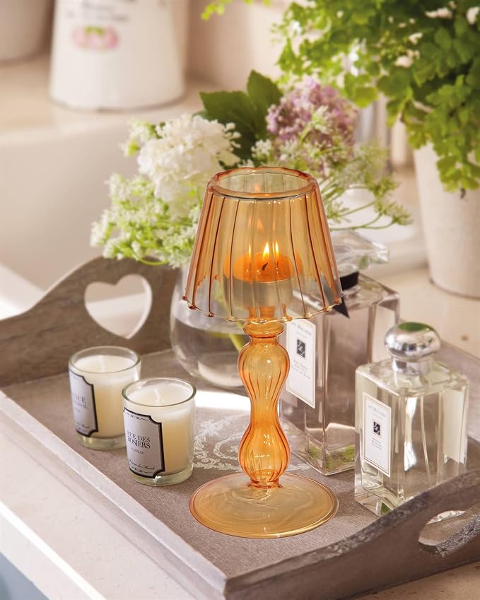 Desk Lamp Shaped Glass Candle Holder - Glass Hurricane Candleholder Crystal Decorative Candle Stand for Table Wedding Dinning Centerpieces Party Supplies Decor Amber