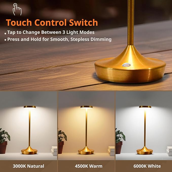Rechargeable Table Lamp Cordless - 6000mAh Battery Operated LED Table Light - Portable Touch Dimmable Outdoor Waterproof Table Lamps for Patio Restaurant Dining (2 Gold)