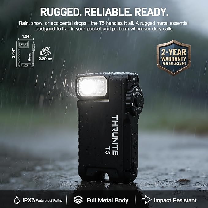 ThruNite T5 Rechargeable EDC Flashlight, 523 Lumens 180° Rotating Head Flat Pocket Light, Versatile RGB & White LED, Magnetic Base Hands-Free Work Light for Hiking, Repair, Emergency, Gifts for Men