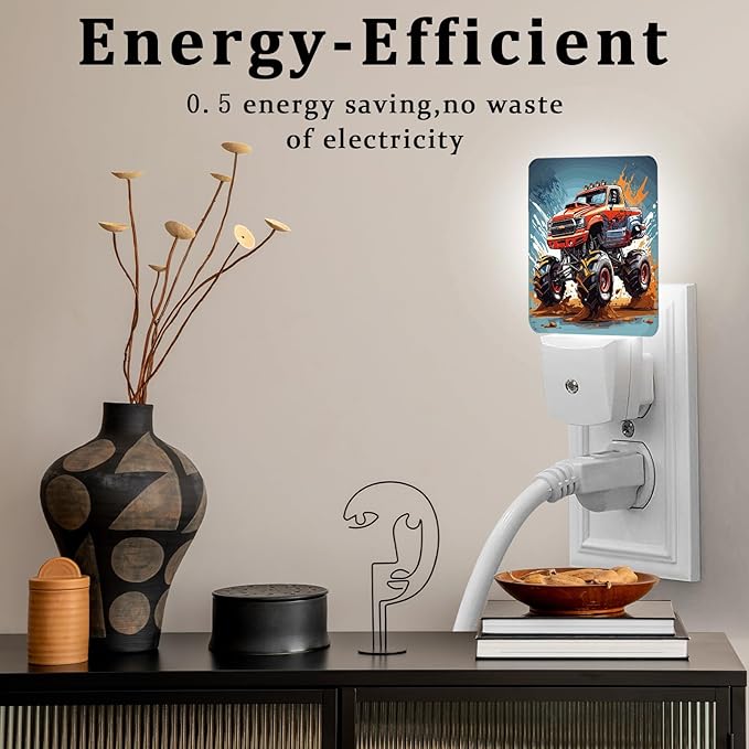 Cartoon Monster Truck Night Light, Plug-into Wall Cool Vehicle Cars Nightlight Lamp with Dusk to Dawn Sensor, Led Lamp 0.5W Energy Efficient for Boys Girls Adults Home Decor