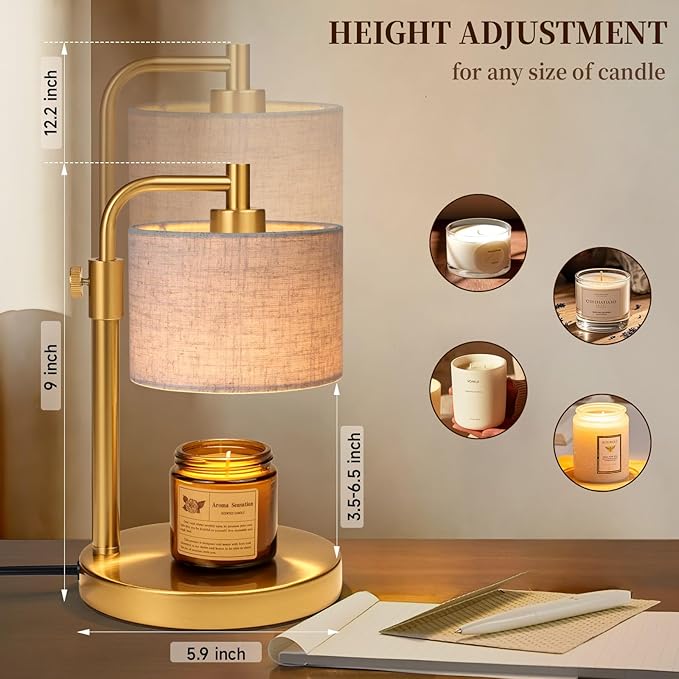 Candle Warmer Lamp, Candle Lamp Warmer with Timer Adjustable Height Wax Warmer Lamp for Jar Candles, Birthday Gifts for Women House Warming Gifts (Gold Linen)