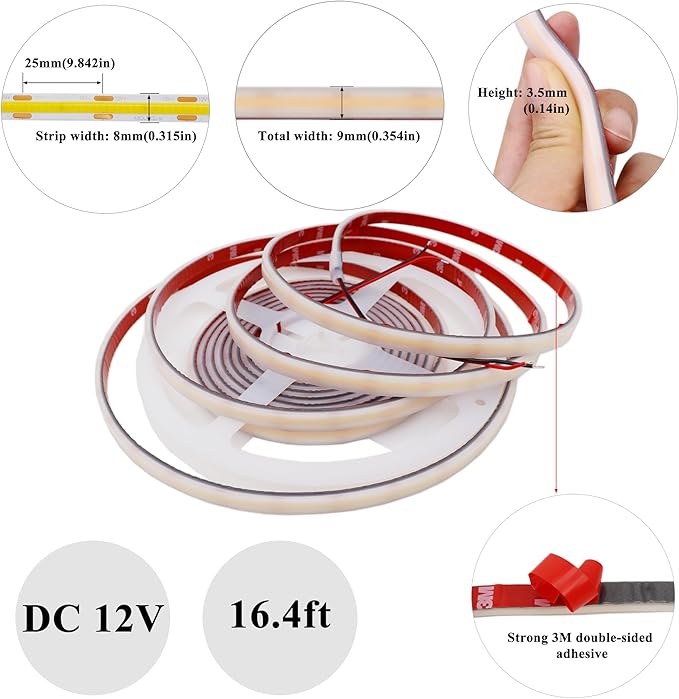 COB LED Strip Lights Waterproof IP67 Warm White 3000K DC12V 16.4ft/5m 480LEDs/m Dimmable Flexible LED Tape Lights for Bedroom Living Room Wedding Outdoor DIY Lighting