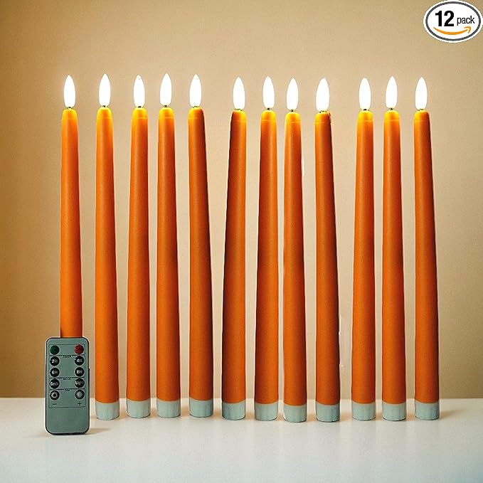Orange Flameless Taper Candles with Remote, Fall LED Candlesticks Battery Operated Flickering Set of 12