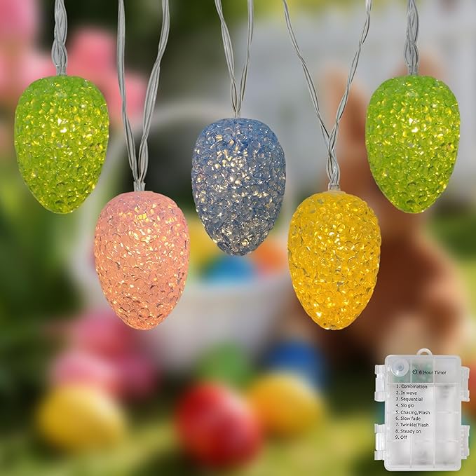 Easter Egg Lights Battery Operated 6.8Ft Easter Lights String 10 LED Egg Shaped Light with Timer, 8 Mode Pastel Decorations Light for Indoor Bedroom Home Party Fireplace Spring Themed Decor