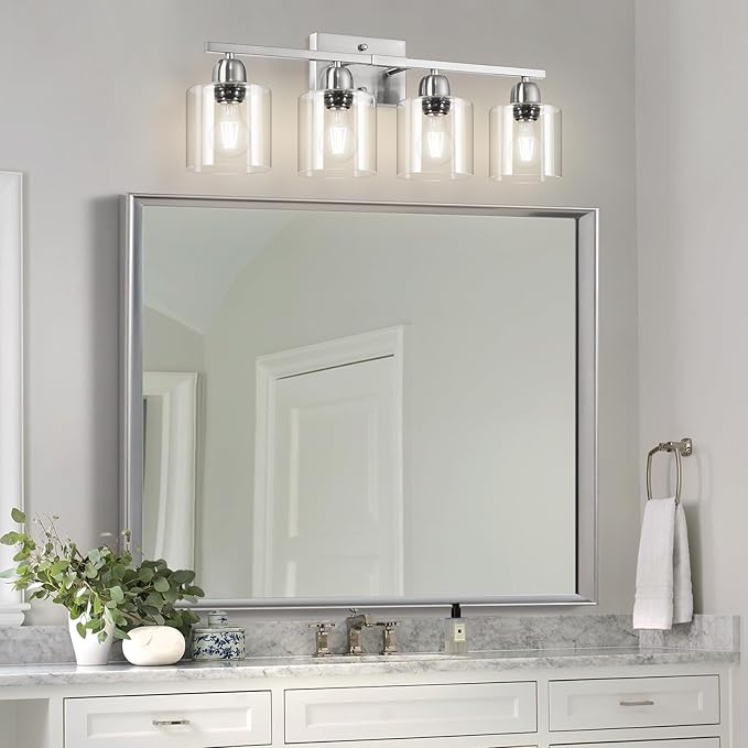 Modern Brushed Nickel 4 Light Bathroom Light Fixtures, 24 inch Vanity Lights for Bathroom with Clear Glass for Mirror Kitchen Living Room Hallway Cabinet Porch