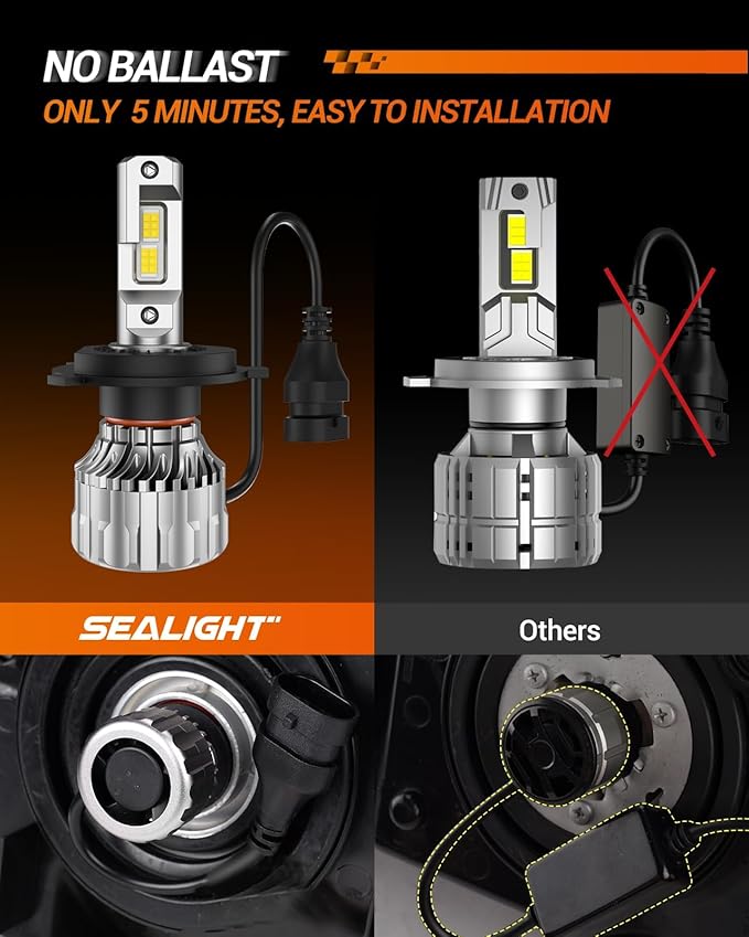 SEALIGHT H4/9003/HB2 Bulbs 38000LM Super Bright, 6500K Cool White S6 H4 Drving Lights, 9003 High Low Dual Bulbs with Cooling Fan, 5 Min Plug-N-Play, HB2 Marker Light Assemblies, Pack of 2