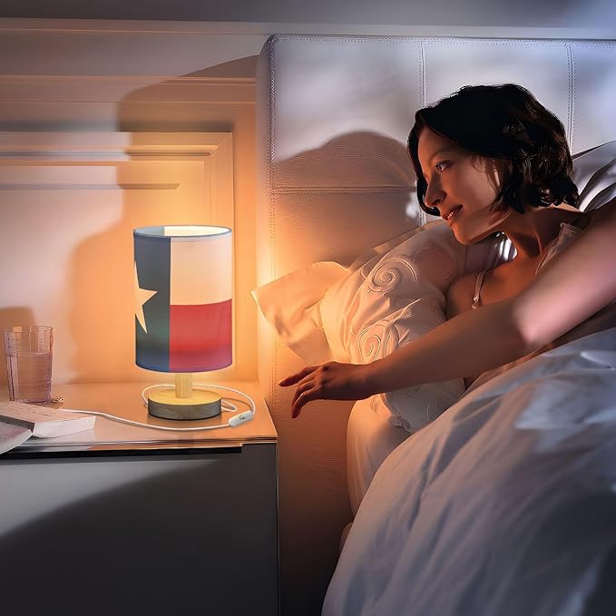 Texas Flag Patriotic USA Table Lamp with Wood Base Fabric Lamp Shade Bedside Nightstand Desk Lamp for Living Room Bedroom Kids Room Office