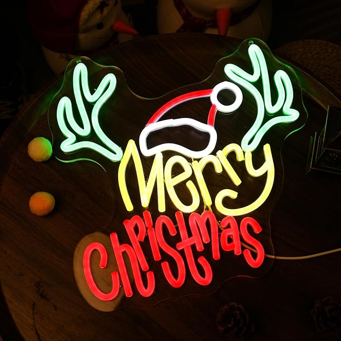 Merry Christmas Neon Sign with Deer Antlers and Santa Hat, Cute Happy New Year Decor for Home, Holiday Party Decorations, Xmas Lights for Wall Window Bar