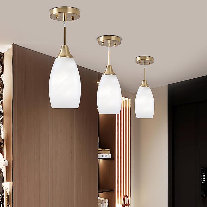Mini Glass Pendant Light 3-Pack Handblown Art White Swirl Oval Hanging Pendant Lamp 4.72" Glass Chandelier for Kitchen Island Dining Room Living Foyer Hallway Entry Brushed Gold Finish