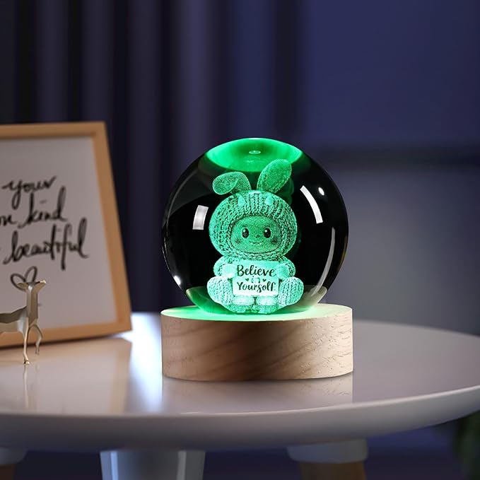 3D Easter Bunny Crystal Ball Night Light-Cute Bunny Gift, 2.4Inch Laser Engraved Glass Sphere with USB LED Base, Crystal Night Lamp for Bedroom Desk