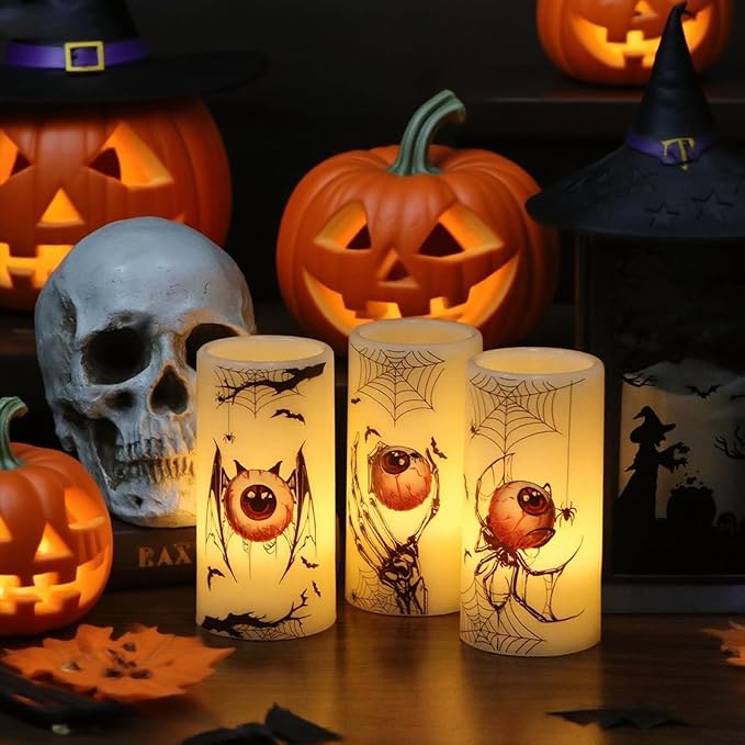 Eldnacele Halloween Flameless Flickering Candles with Timer, Battery Operated Spider Eyeballs, Bat Eyeballs, Skeleton Hand Eyeballs Decals Real Wax LED Pillar Candles Horror Spooky Decor(3pcs,D3×H6)