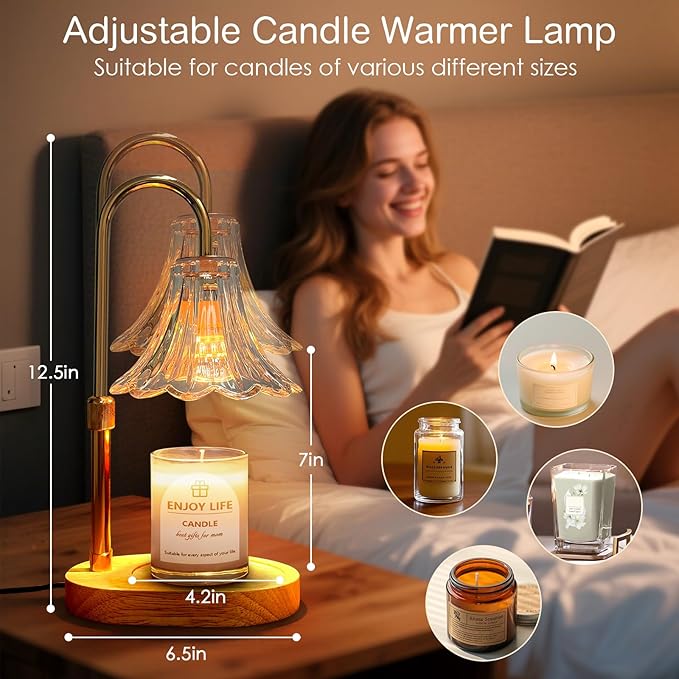 Candle Warmer Lamp with Timer: Valentine Gifts for Women Mom, Adjustable Height, 3 Timing Mode, 4 Level Dimmable Flower Candle Warmer with 2 Bulbs for House Warming Gifts Room Decor