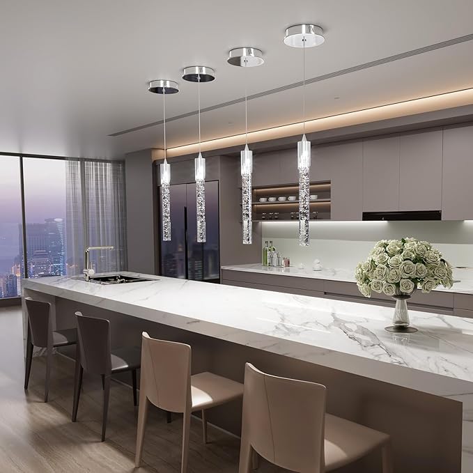 Flashing God 1 Light Mini Chrome Crystal Chandelier Modern LED Pendant Light for Kitchen Island Adjustable Hanging Light Fixture for Dinning Room Bedroom Dimmable 2700K 4500K 6000K