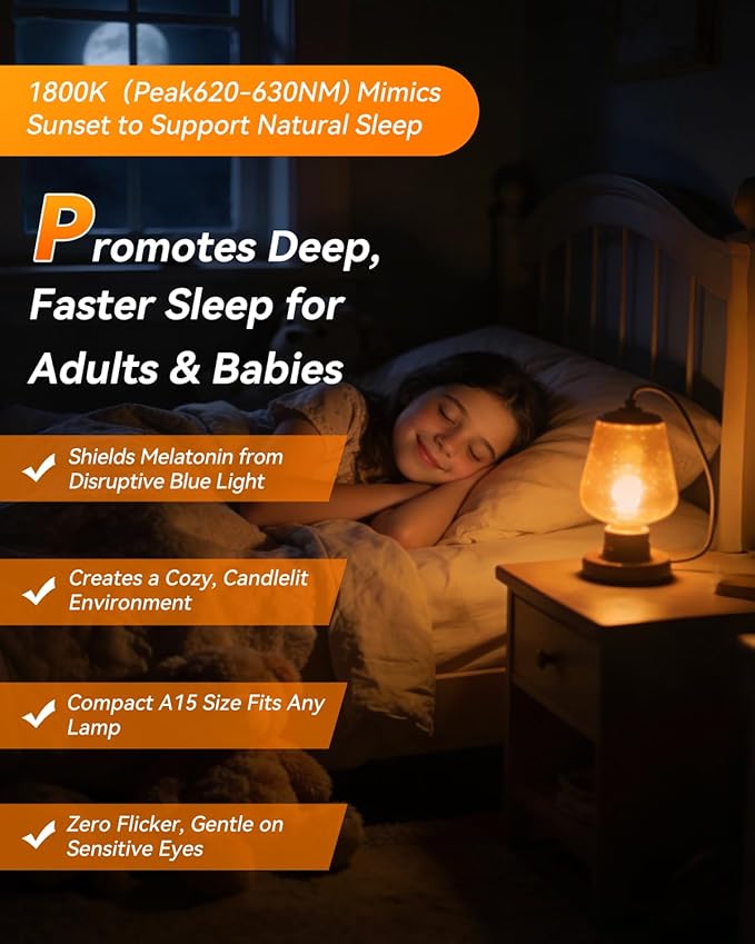 Neporal Amber Sleep Light Bulbs 1800K 4PK, 6W 40 Watt Equivalent, 99.96% Blue Blocking Soft Warm Light Bulbs A15, Amber Night Light E26 for Bedroom and Baby Nursery Light