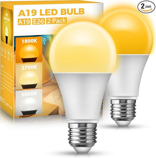 JandCase LED Light Bulbs, 3 Color Temperature(1800K/2700K/5000K), 9W LED Light Bulb 60W Equivalent, Energy Saving, A19 E26 Base Light Bulb for Kitchen, Bedroom, Nursery,Living Room, 2 Pack