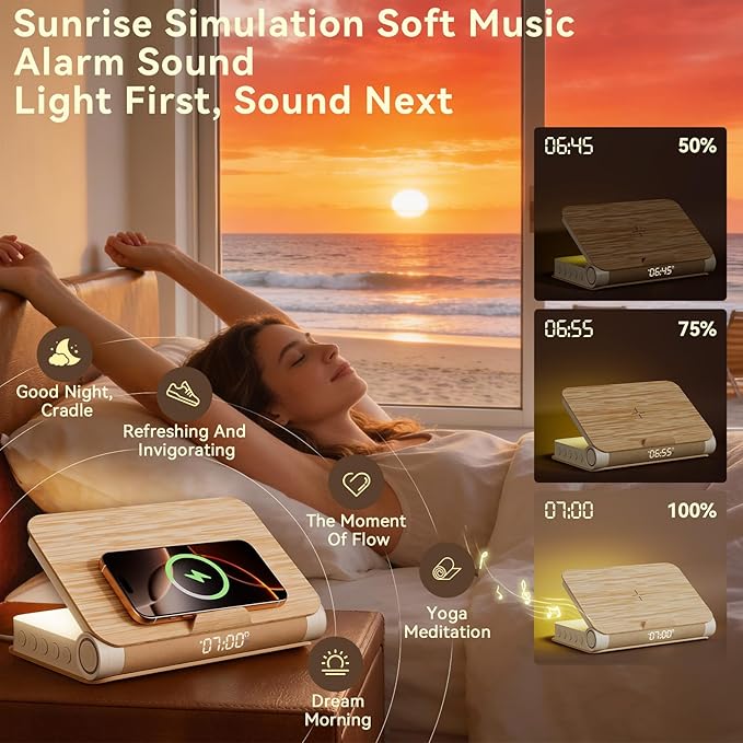 Vivilumens Alarm Clocks Wireless Charger Bluetooth Speaker Loud Sunrise Bedside Lamp for Heavy Sleepers Adults with Book Shape Wake Up Light for Bedroom Home Decor （Wooden Grain）