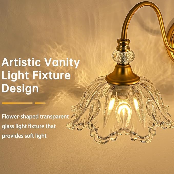 Vintage Bathroom Vanity Light, 3-Light Matte Brass Finish Vanity Light with Floral Clear Glass Shades, Retro Wall Sconce for Bathroom, Dressing Table
