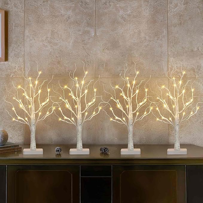 EAMBRITE Birch Tree with LED Lights for Christmas Decorations Indoor, Lighted Tabletop Tree 22 in 24 LED White Twig Battery Operated Mini Small Artificial Trees for Home Table Centerpiece Mantel 4pcs