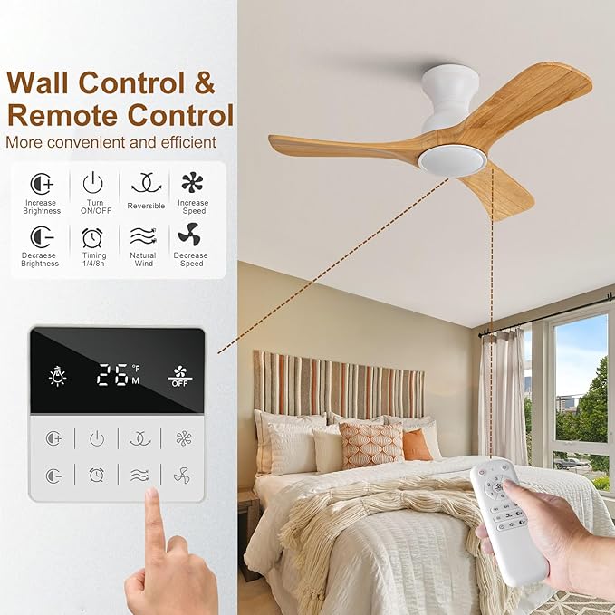 Flush Mount Ceiling Fans with Lights,36 inch,Remote Control,Wall Switch,Solid Wood Blades,Dimmable,Reversible Noiseless,Power Off Memory Modern Ceiling Fan for Bedroom Patio Indoor/Outdoor