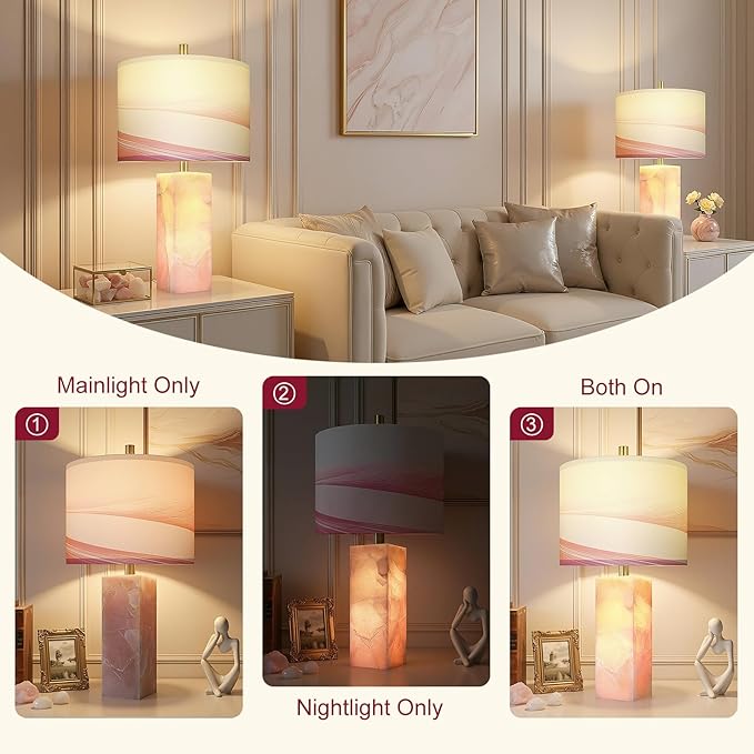 Scenekoy 23" Alabaster Table Lamp Set of 2 with Night Light for Bedroom Living Room, Rotary Switch, Pink Modern Table Lamp with Linen Shade, Nightstand Lamps for Room Bedside Office (Bulb Included)
